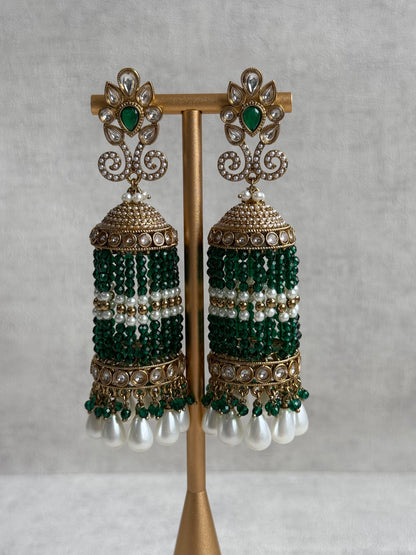 Ayura Designs Sage Earrings – Statement Jhumkis with Mirror-Cut Stones, Pearl Drops & Emerald Green Beads