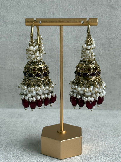 Ayura Designs Jugni Jhumkis – Antique Gold Balis with Maroon Beads & Pearl Clusters