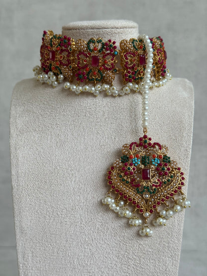 Ayura Designs Mahnoor Navratan Choker Set with Earrings & Tikka – Antique Gold Finish, Multicolour Enamel & Pearl Detailing