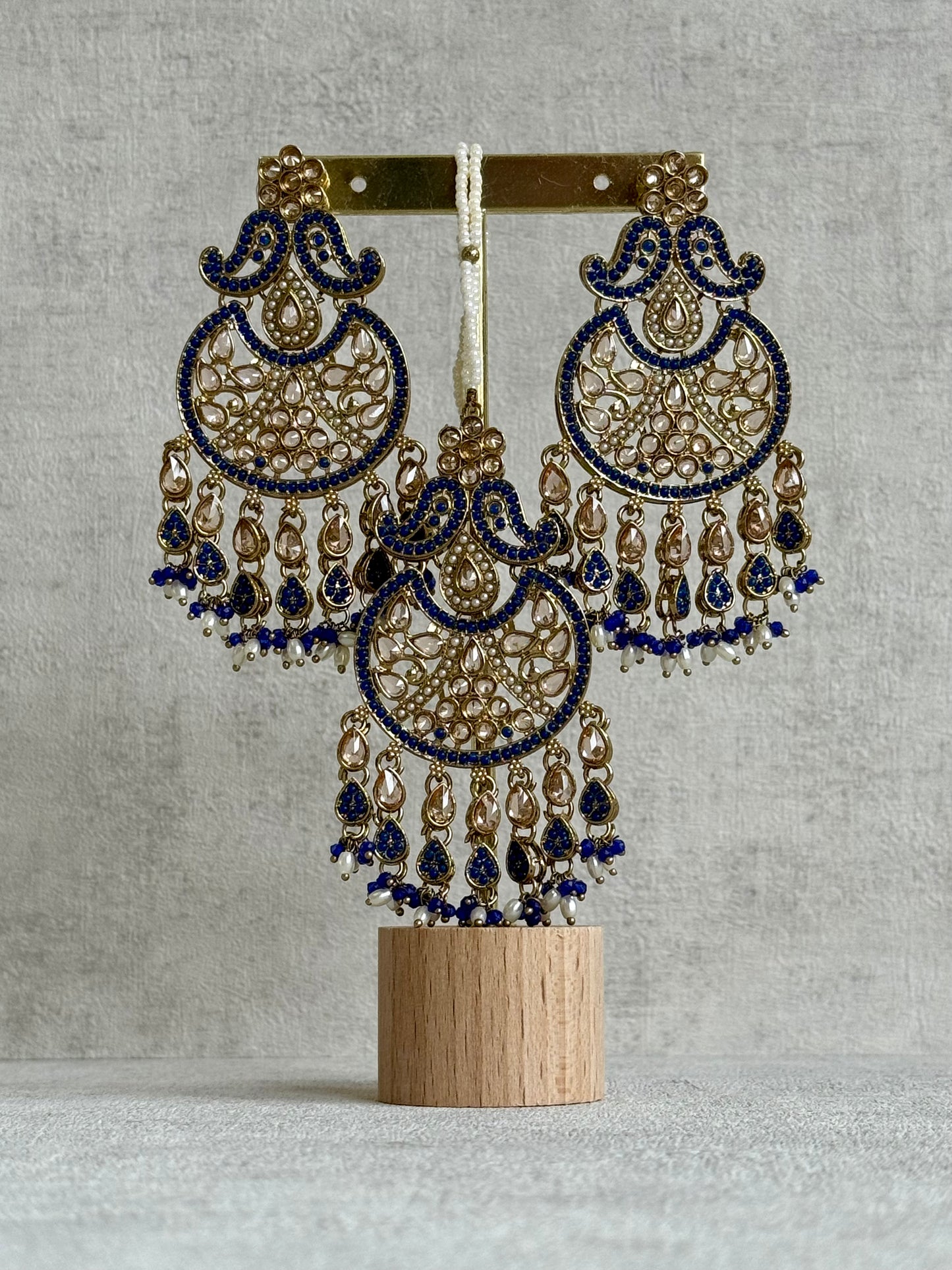 Ayura Designs Anvi Tikka Set with Earrings – Ink Blue with Champagne Stones & Pearl Drops