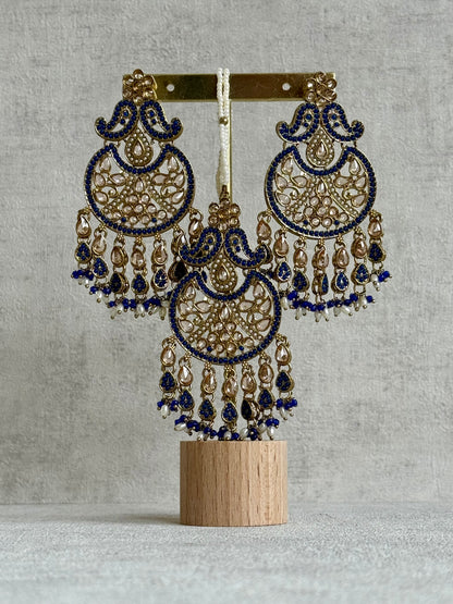 Ayura Designs Anvi Tikka Set with Earrings – Ink Blue with Champagne Stones & Pearl Drops