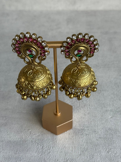 Ayura Designs Moraya Jhumkis – Berry Pink Peacock Motif with Antique Gold Detailing