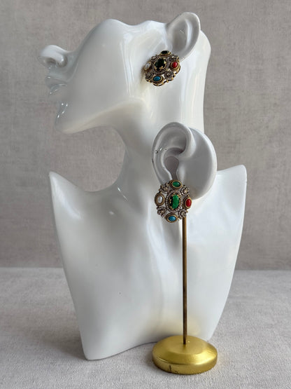 Ayura Designs Celia Stud Earrings – Emerald Green & Multicolour Stones with Gold Finish
