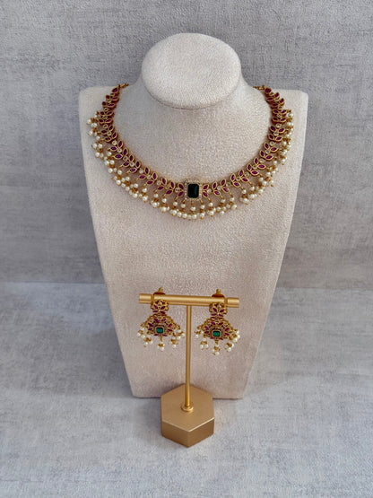 Ayura Designs Chahat Set – Necklace & Earrings with Rani Pink Meenakari, Kundan Stones, Emerald Accents & Pearl Detailing