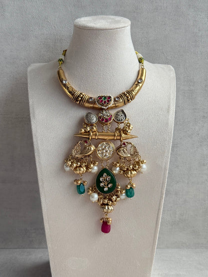 Ayura Designs Zaqsh Collar Necklace Set with Earrings – Antique Gold Peacock Pendant with Emerald Green Stones & Pearl Detailing