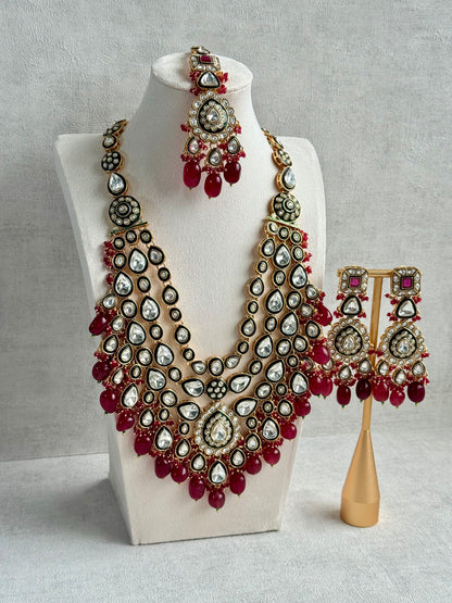 Ayura Designs Zahira Bridal Set with Necklace, Earrings & Tikka – Kundan Detailing with Green Enamel, Ruby Pink Stones & Maroon Bead Drops