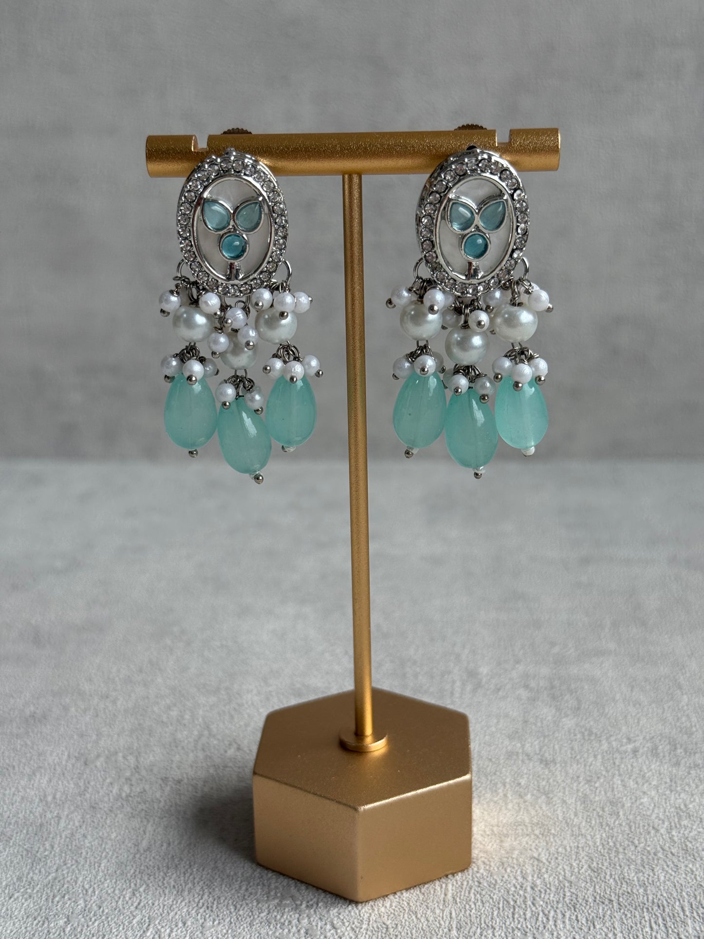 Ayura Designs Linza Set – Necklace, Earrings & Tikka in Aqua Blue & Pearl with Silver Finish