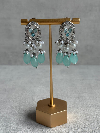 Ayura Designs Linza Set – Necklace, Earrings & Tikka in Aqua Blue & Pearl with Silver Finish