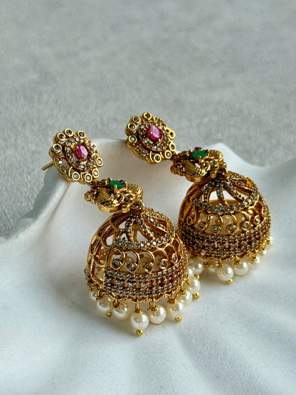 Ayura Designs Darya Jhumkis – Gold Peacock Motif Jhumkis with Ruby Pink, Emerald Green and Pearl Detailing