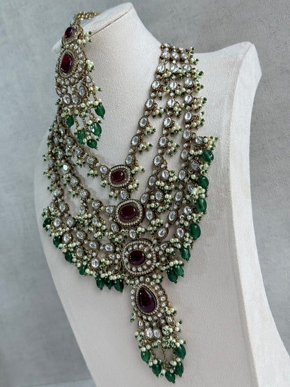 Ayura Designs Sahra Bridal Set with Earrings & Tikka – Ruby Red, Emerald Green, Kundan Stones & Pearls in Antique Gold Finish