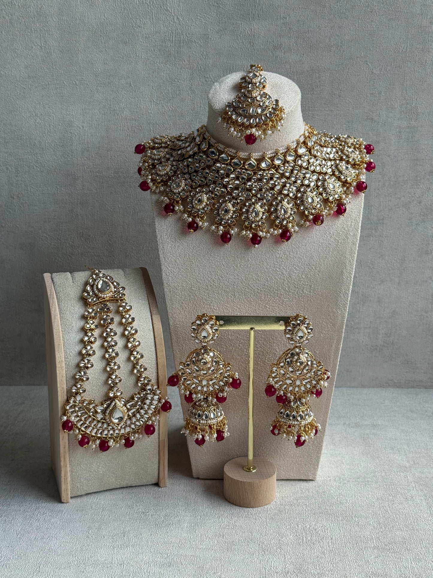 Ayura Designs Suhag Set – Bridal Necklace, Jhumkis & Tikka with Pink Beads, Pearl Detailing & Gold-Finish Kundan