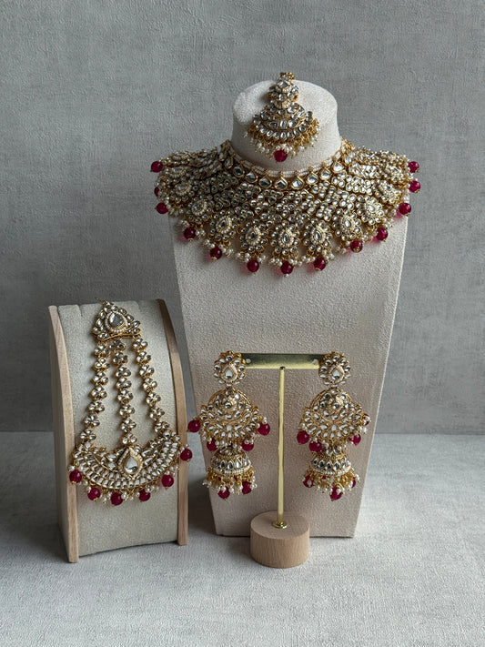 Ayura Designs Suhag Set – Bridal Necklace, Jhumkis & Tikka with Pink Beads, Pearl Detailing & Gold-Finish Kundan
