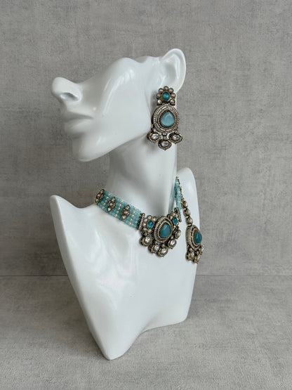 Ayura Designs Rahi Necklace Set with Earrings & Tikka – Aqua Blue Stones with Mirror-Cut Detailing & Pearl Strands