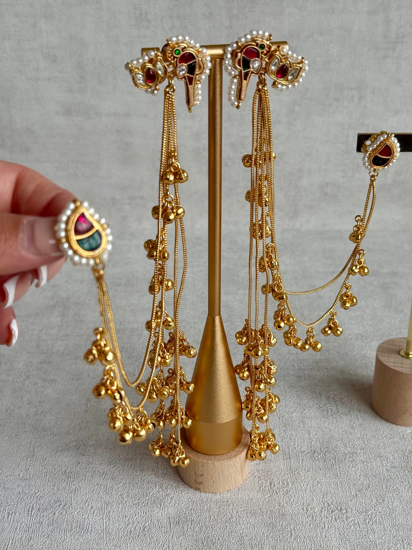 Ayura Designs Aman Earrings with Sahare – Kashmiri-Inspired Meenakari in Ruby Red & Emerald Green with Bird & Lotus Motifs