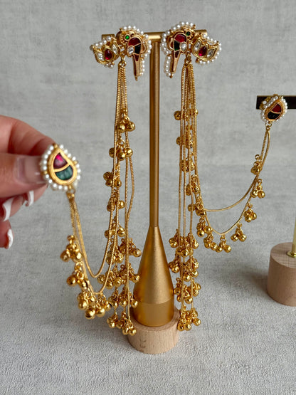 Ayura Designs Aman Earrings with Sahare – Kashmiri-Inspired Meenakari in Ruby Red & Emerald Green with Bird & Lotus Motifs