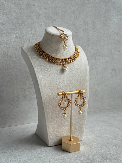 Ayura Designs Rashi Set with Earrings & Tikka – Mirror-Cut Stones with Ivory Pearl Drops in Antique Gold