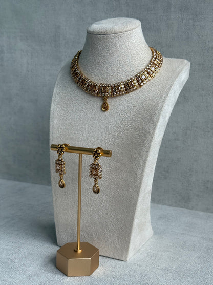 Ayura Designs Yashna Set – Necklace & Earrings with Champagne Kundan and Pearl Detailing in Antique Gold Finish