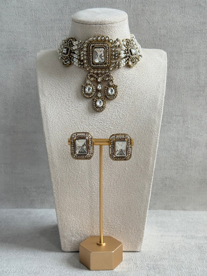 Ayura Designs Nabiha Choker Set with Studs – Ivory Pearl, Crystal Detailing & Gold Finish