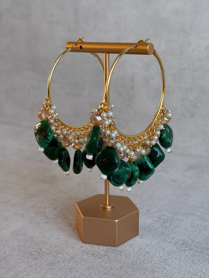 Ayura Designs Heer Balis – Gold Hoops with Forest Green Marble Beads, Pearls & Crystal Detailing