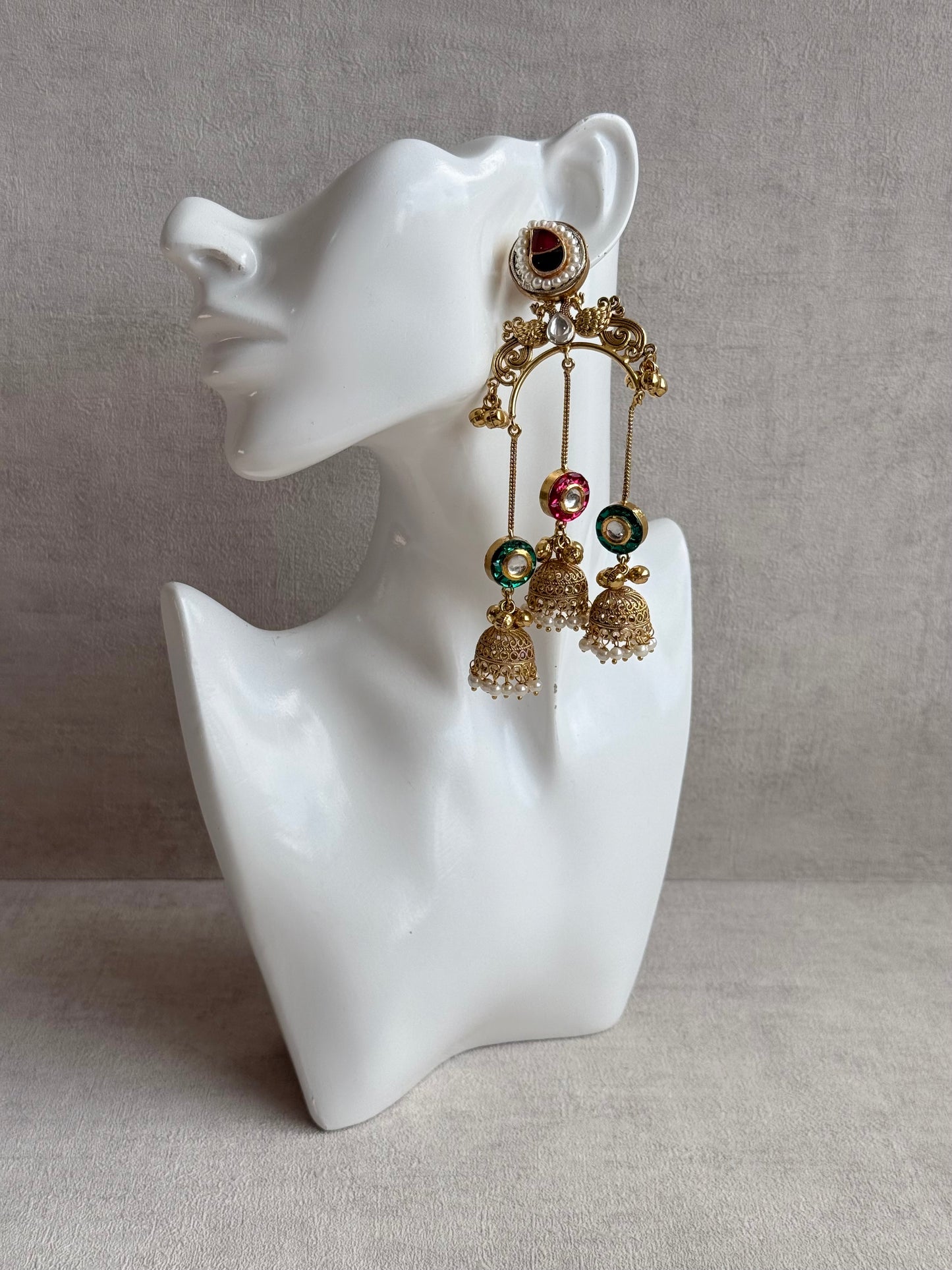 Ayura Designs Arzina Earrings – Triple Jhumki Earrings with Pink & Emerald Green Stones, Pearl Borders & Gold Detailing