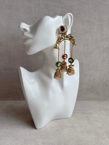 Ayura Designs Arzina Earrings – Triple Jhumki Earrings with Pink & Emerald Green Stones, Pearl Borders & Gold Detailing