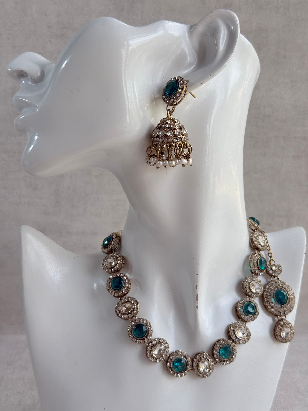 Ayura Designs Eira Necklace Set with Earrings & Tikka – Teal & Crystal Stones with Antique Gold Finish