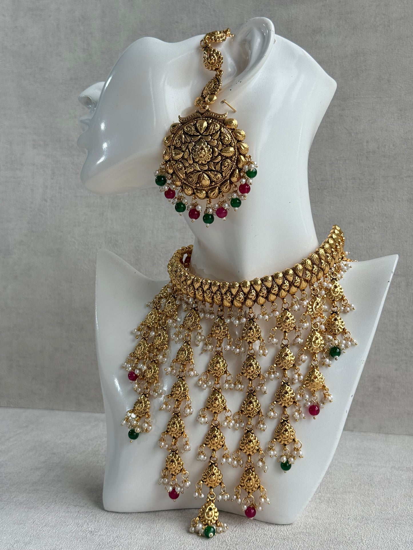 Ayura Designs Karima Choker Set with Sahare Earrings & Tikka – Waterfall Design, Rani Pink & Green Beads, Pearls & Antique Gold Finish