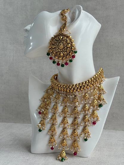 Ayura Designs Karima Choker Set with Sahare Earrings & Tikka – Waterfall Design, Rani Pink & Green Beads, Pearls & Antique Gold Finish