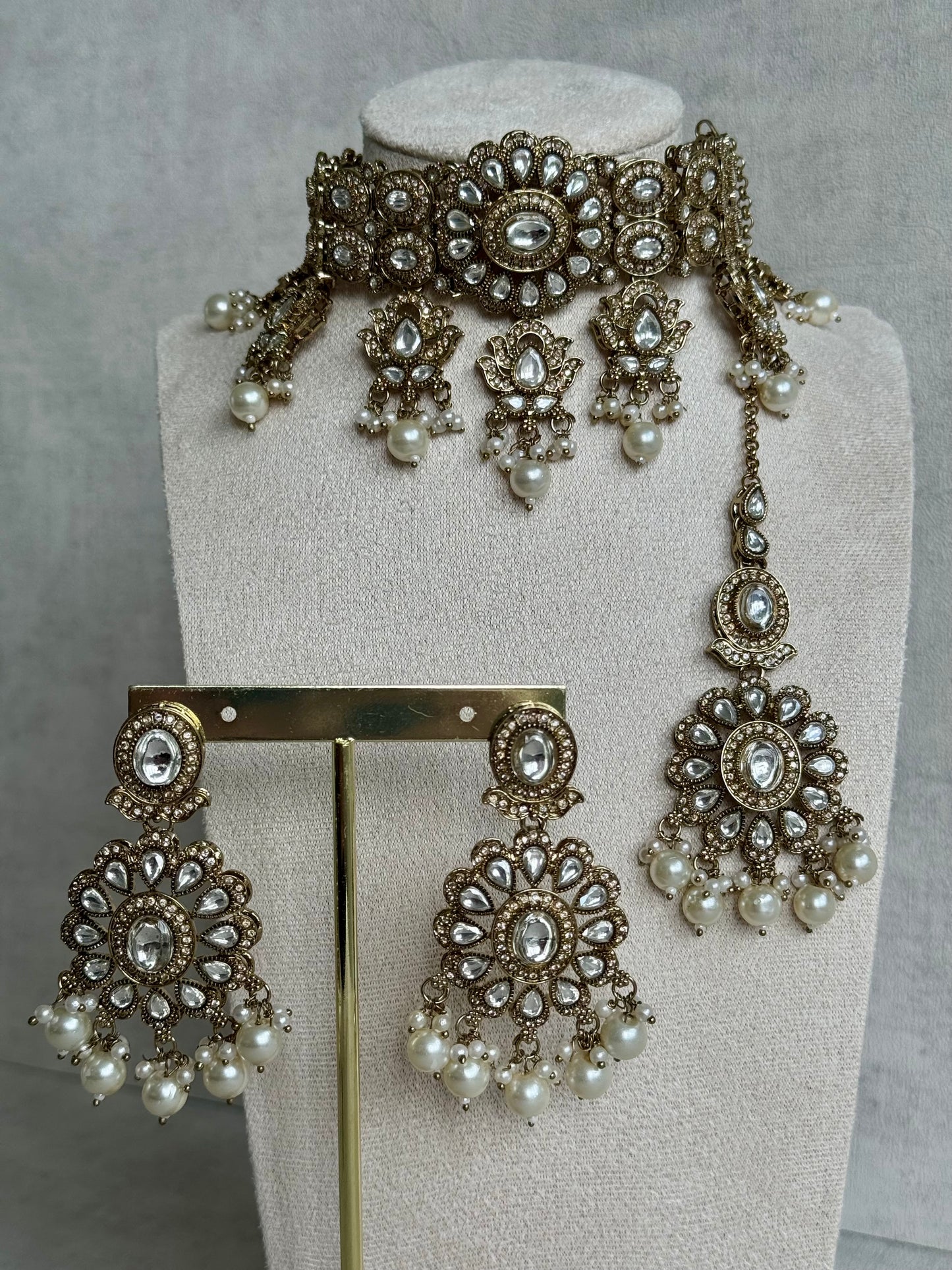 Ayura Designs Nevaya Set with Choker, Earrings & Tikka – Antique Gold with Mirror-Cut Stones & Pearl Drops