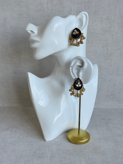 Ayura Designs Aykai Earrings – Black Carved Teardrop Stud Earrings with Clear Kundan Stones & Gold Ghungroo Drops