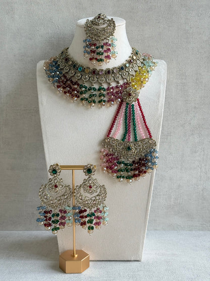 Ayura Designs Dilnaz Necklace Set with Earrings, Tikka & Passa – Multicolour Crystal Beads & Antique Gold Finish