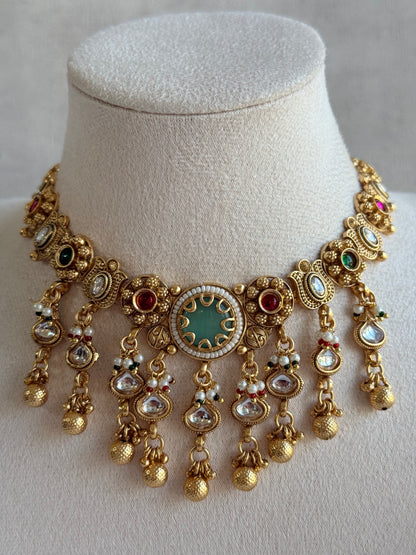 Ayura Designs Abira Necklace Set with Earrings – Kundan, Multicolour Stones, Pearl Detailing & Gold Finish