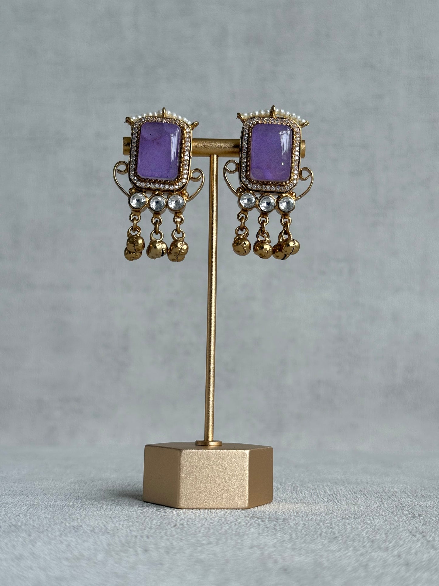 Ayura Designs Aleena Earrings – Lilac Stone Stud Earrings with Pearls & Ghungroo Detailing