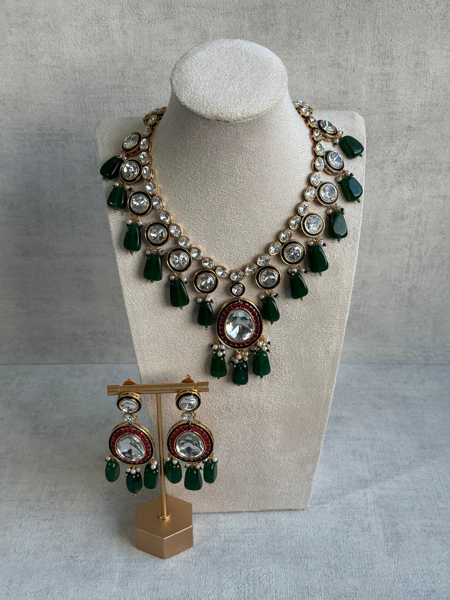 Ayura Designs Emaanat Set with Necklace & Earrings – Ruby & Emerald Accents, Polki Kundan & Antique Gold Finish