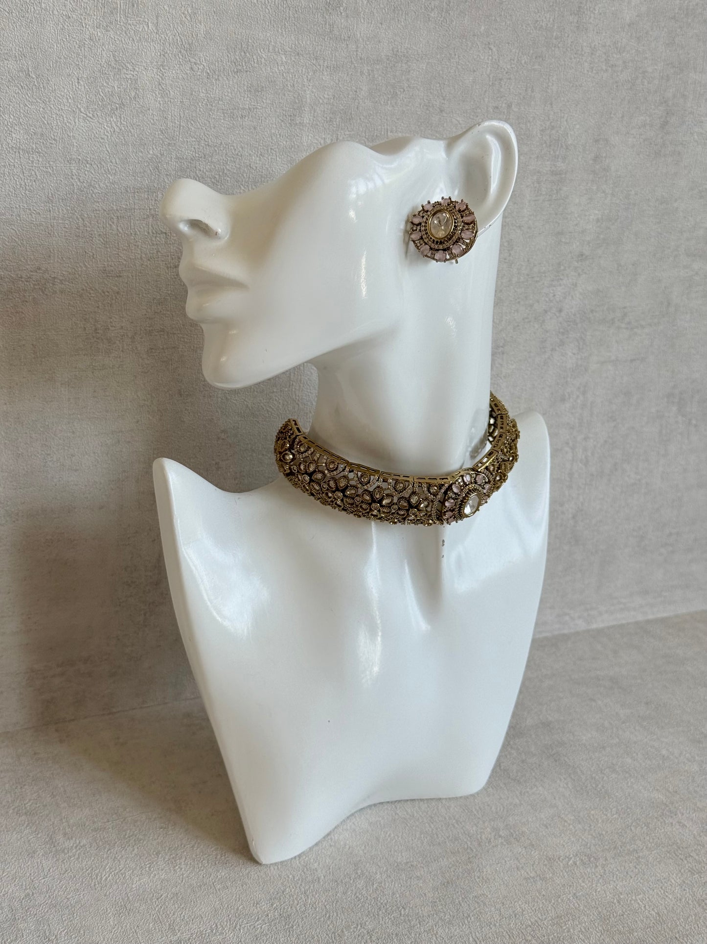 Ayura Designs Genevieve Choker Set with Studs – Blush Pink Crystal Kundan in Antique Gold