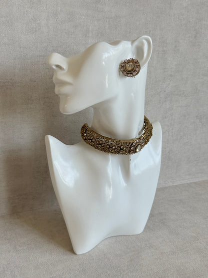 Ayura Designs Genevieve Choker Set with Studs – Blush Pink Crystal Kundan in Antique Gold