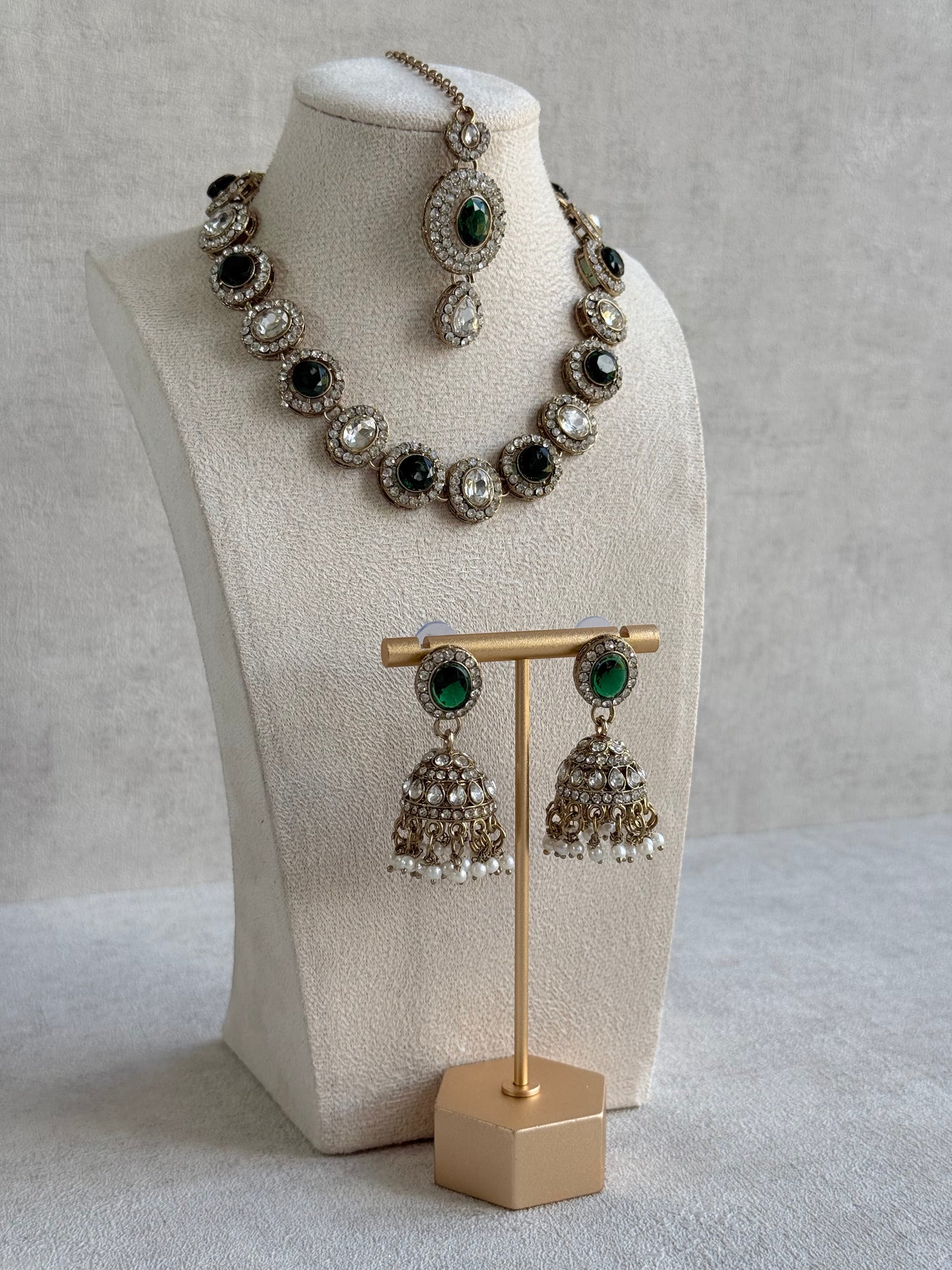 Ayura Designs Eira Necklace Set with Earrings & Tikka – Emerald Green & Crystal Stones with Antique Gold Finish
