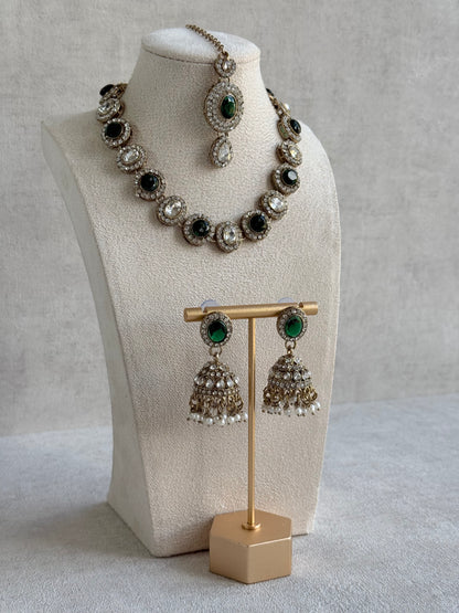 Ayura Designs Eira Necklace Set with Earrings & Tikka – Emerald Green & Crystal Stones with Antique Gold Finish
