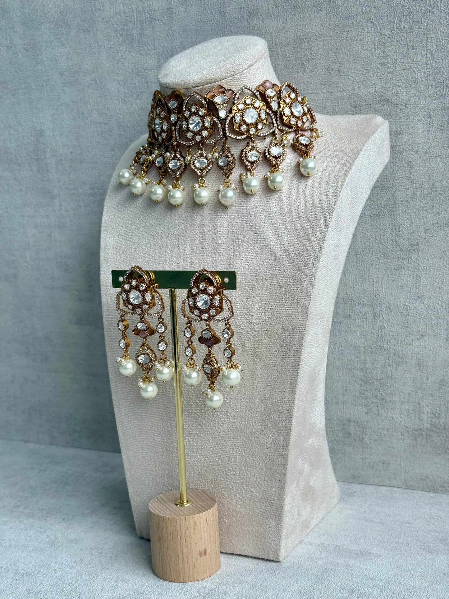 Ayura Designs Serina Choker Set with Earrings – Nude Blush Enamel, Mirror-Cut Stones & Pearl Drops