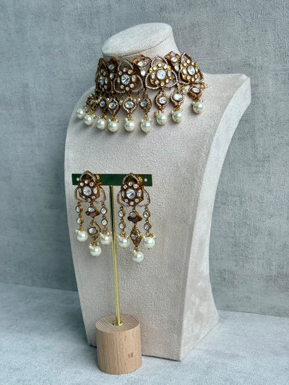 Ayura Designs Serina Choker Set with Earrings – Nude Blush Enamel, Mirror-Cut Stones & Pearl Drops