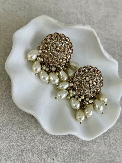 Ayura Designs Aynoor Petal Frame Earrings – Antique Gold Finish with Mirror-Cut Stones & Pearl Drops