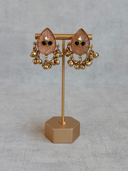 Ayura Designs Aykai Earrings – Champagne Peach Teardrop Stud Earrings with Clear Kundan Stones and Gold Ghungroo Drops