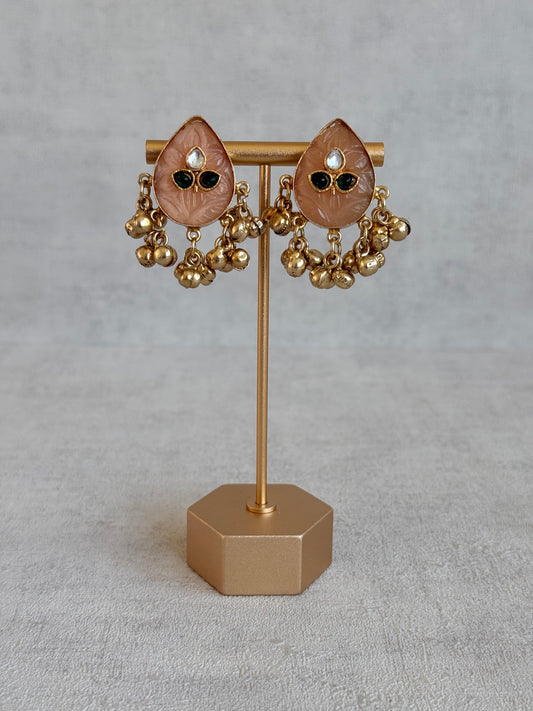 Ayura Designs Aykai Earrings – Champagne Peach Teardrop Stud Earrings with Clear Kundan Stones and Gold Ghungroo Drops