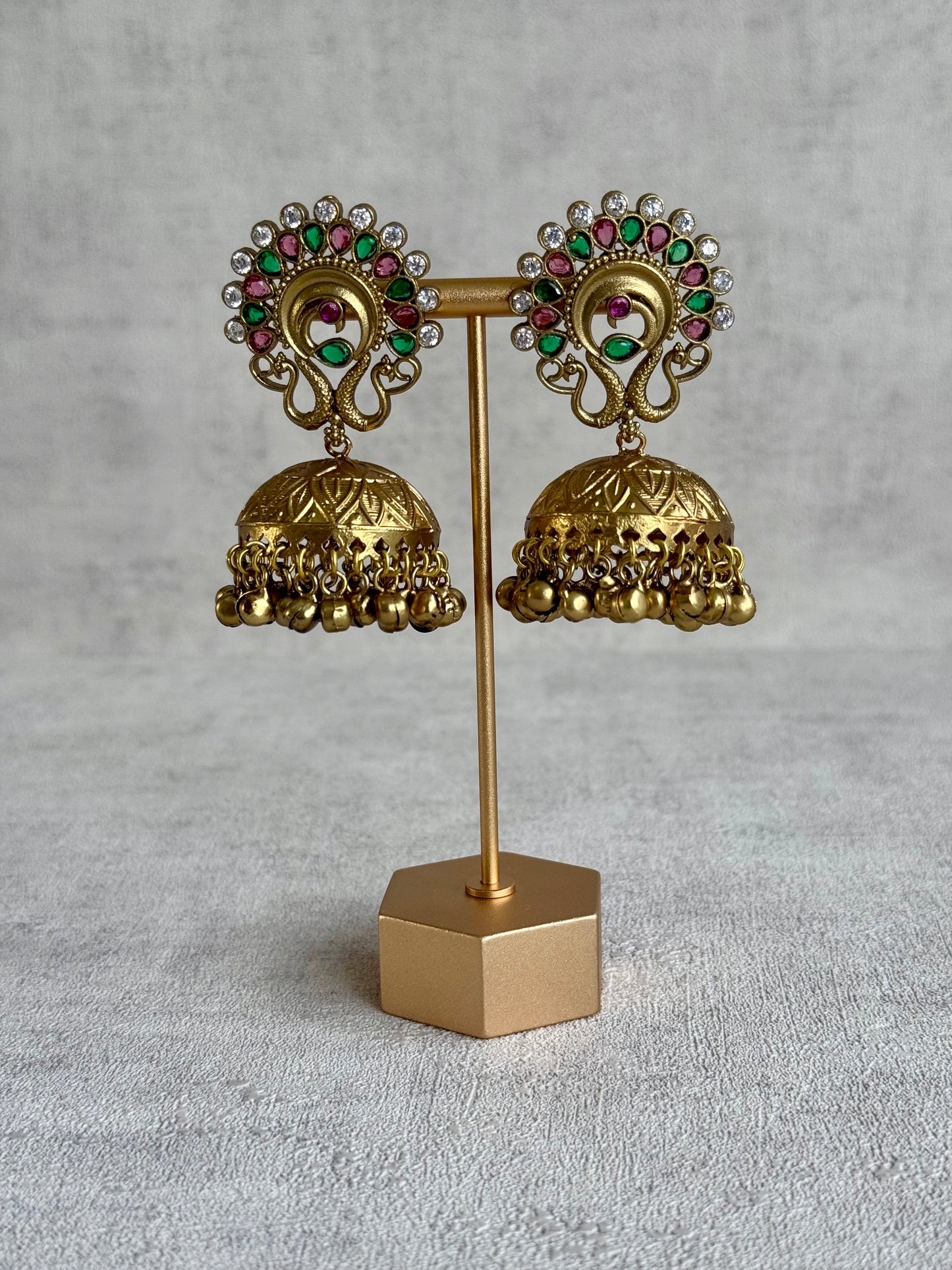 Ayura Designs Moraya Jhumkis – Pink & Green Peacock Motif with Antique Gold Detailing