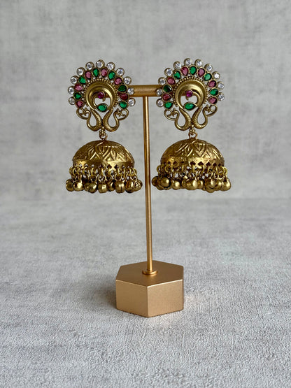 Ayura Designs Moraya Jhumkis – Pink & Green Peacock Motif with Antique Gold Detailing
