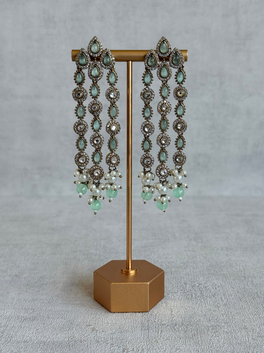 Ayura Designs Emilia Earrings – Gold Triple Strand Statement Earrings with Mint Green Stones & Pearl Drops
