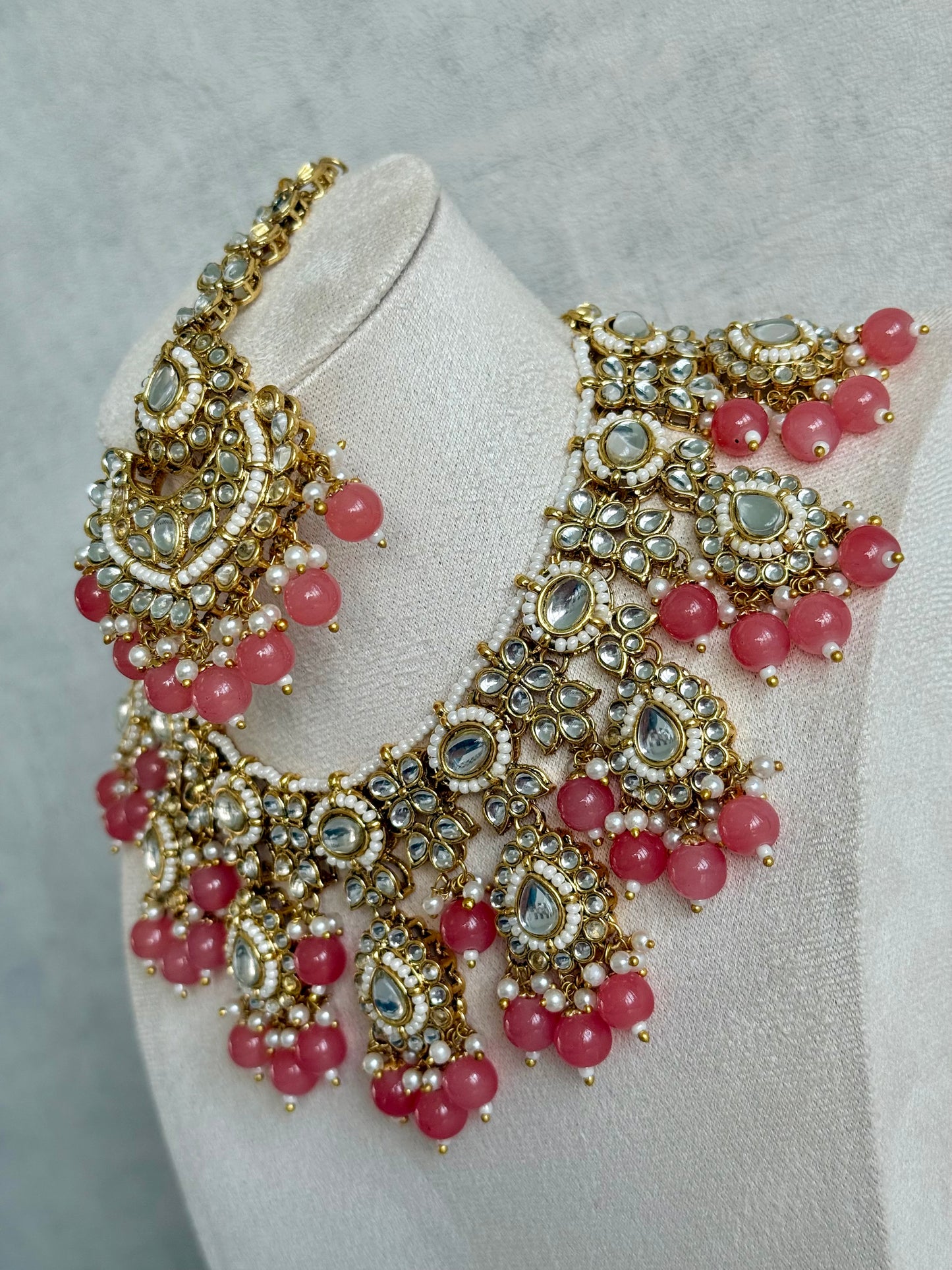 Ayura Designs Iyla Set with Necklace, Earrings & Tikka – Kundan Detailing, Ivory Pearl Drops & Peach Beads