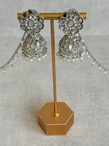 Ayura Designs Mira Jhumkis – Silver Mirror-Cut Earrings with Detachable Single-Layer Pearl Sahare