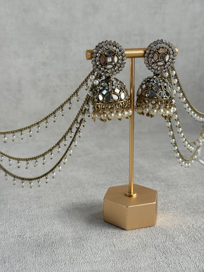 Ayura Designs Aaina Jhumkis – Antique Gold Mirror & Crystal Earrings with Detachable Triple-Layer Pearl Sahare