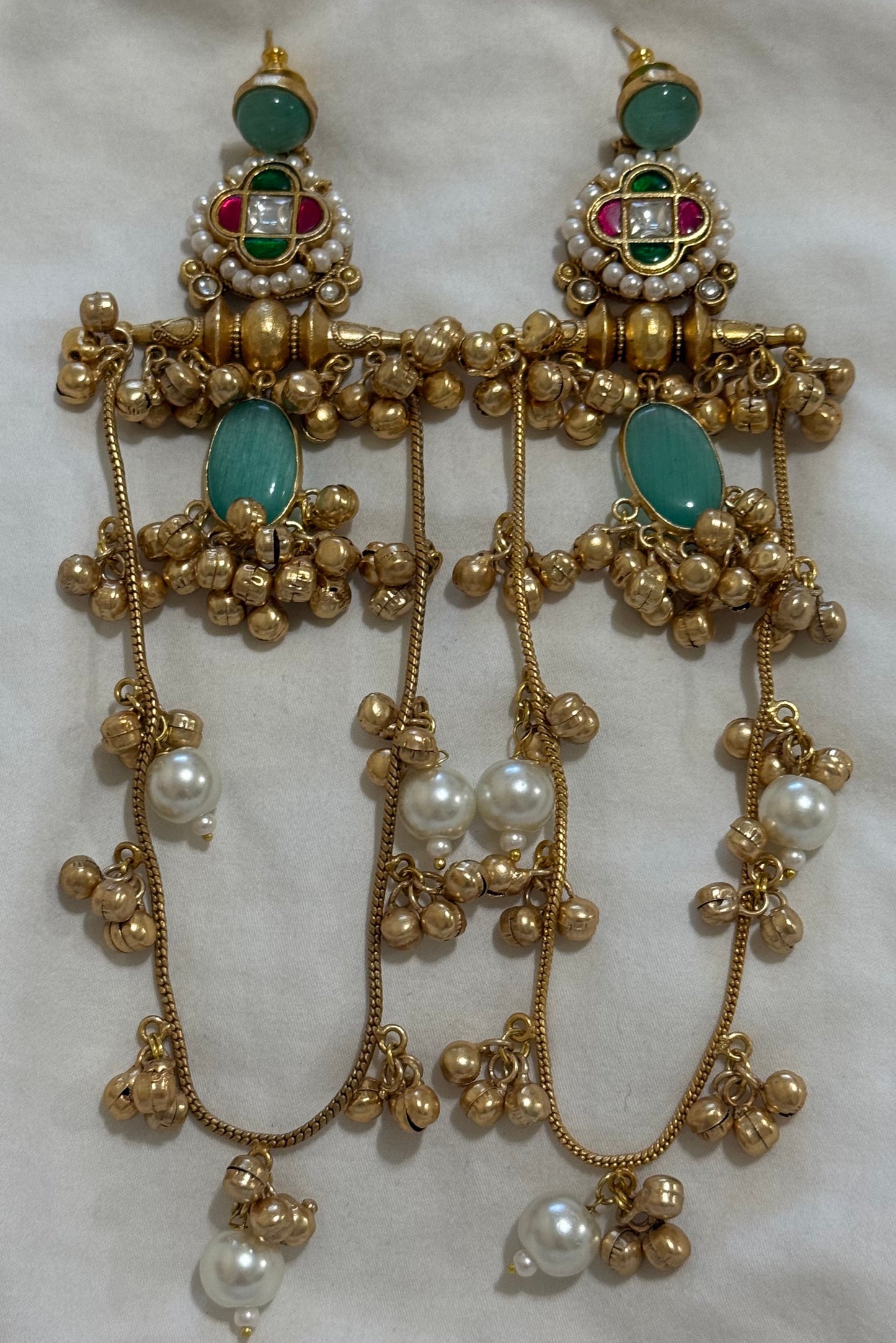 Ayura Designs Kashifa Earrings – Kashmiri Earrings with Mint Green Stone, Ghungroo Detailing & Pearl Drops
